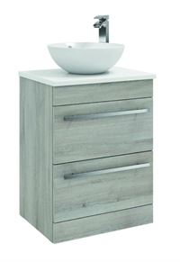 Purity 600mm Floor Standing 2 Drawer Unit with Ceramic Worktop & Sit On Bowl - Grey Ash