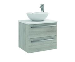 Purity 600mm Wall Mounted 2 Drawer Unit with Ceramic Worktop & Sit On Bowl - Grey Ash