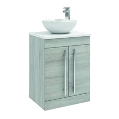 Purity 600mm Floor Standing 2 Door Unit with Ceramic Worktop & Sit On Bowl - Grey Ash