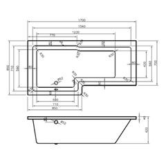 Elite LH Square Shower Bath 1500 x 850 technical drawings