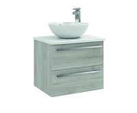 Purity 600mm Wall Mounted 2 Drawer Unit with Ceramic Worktop & Sit On Bowl - Grey Ash